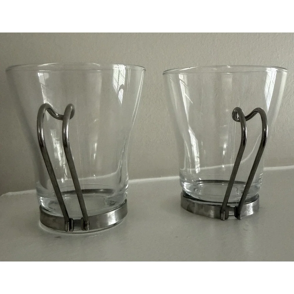 Bormioli Rocco Set 2 Glass Cappuccino Coffee Tea Cups Stainless Steel Handle Box